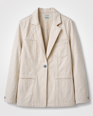 Cotton Twill Jacket — front flat lay showing brass button and pockets
