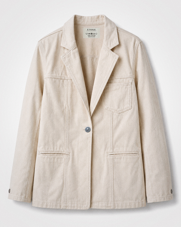 Cotton Twill Jacket — front flat lay showing brass button and pockets